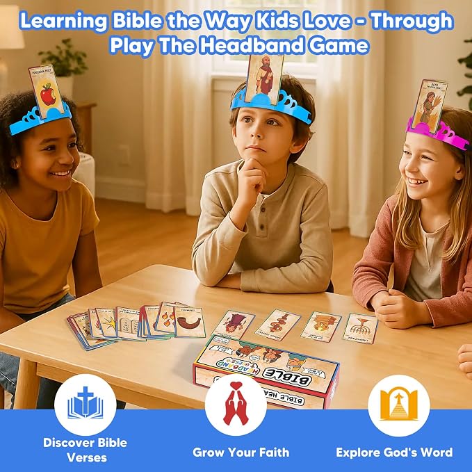 Garybank Bible Headbands Games for Kids, Bible Character & Item Guess Game | 66 Picture Keyword Cards, 4 Headbands, 1 Hourglass, Learn Biblical Stories & Verses, Sunday School, Family Night, Easter Gift
