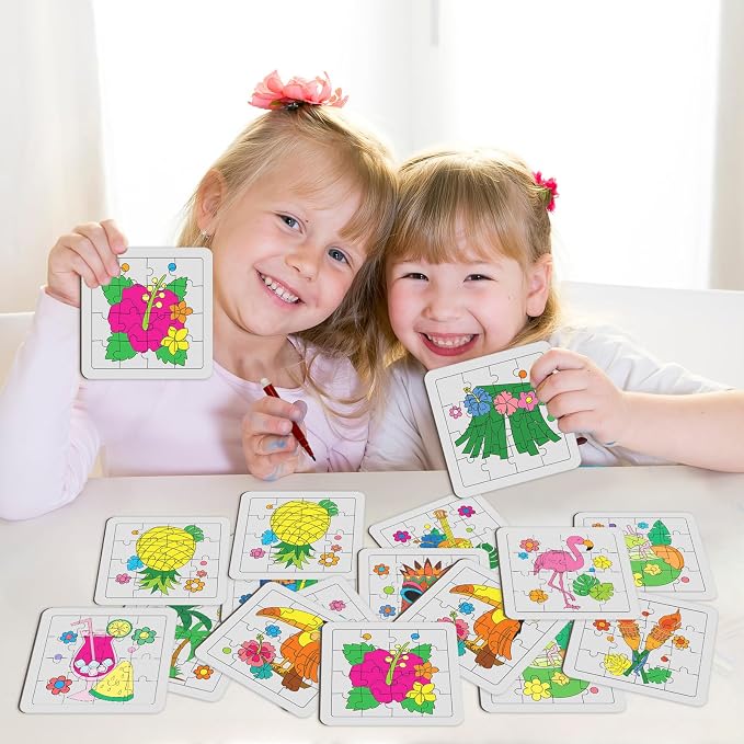 Cinrobiye 24 Pcs Hawaiian Luau Coloring Puzzle Craft Kit for Kids, DIY Aloha Tropical Jigsaw Puzzles Bulk with 12 Designs, Summer Beach Party Favors, Classroom Crafts, Birthday Rewards
