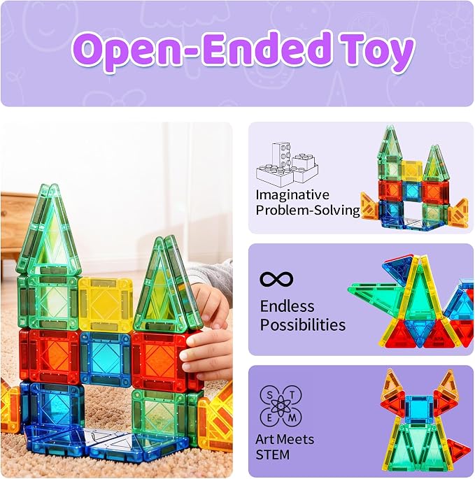 Magnetic Tiles Building Blocks for 3 4 5 6 7 8+ Years Old Boys Girls Colorful Magnet Stacking Toys Birthday Gift for Toddlers STEM Preschool Educational Construction Tiles Set (Mini Magnetic Tiles)