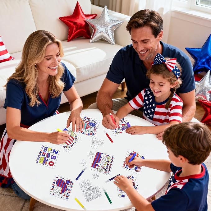 24 Sets 250th Anniversary 4th of July Crafts for Kids, Patriotic Crafts Activities DIY Puzzle Kits Red White Blue Star Flag Independence Day Memorial Day Jigsaw Painting Art gift Party Favors Supplies