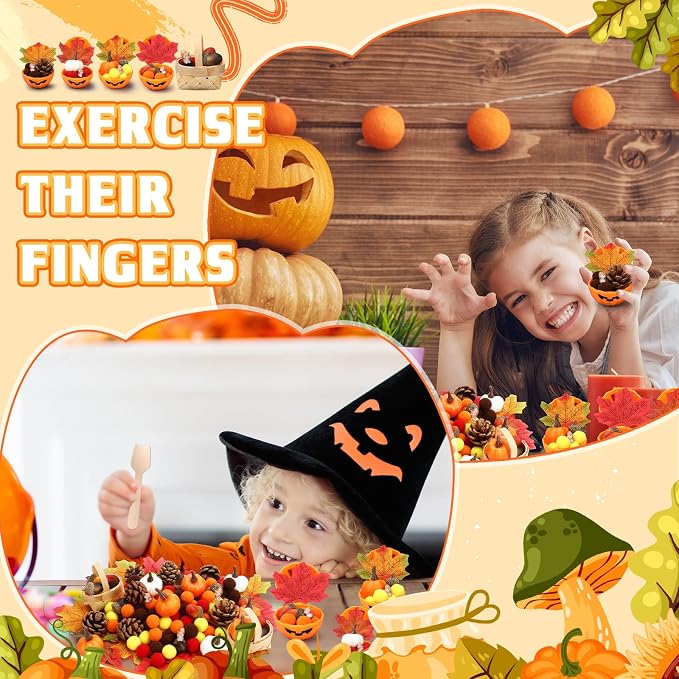 WinnerWhy 320 Pcs Fine Motor Toys Fall Thanksgiving Decorations, Sensory Bin Filler, Pumpkin Bowls, Woven Baskets, Pompom, Maple Leaves, Squirrels, Pumpkins, Acorns, Pine Cones for Autumn Party Decor
