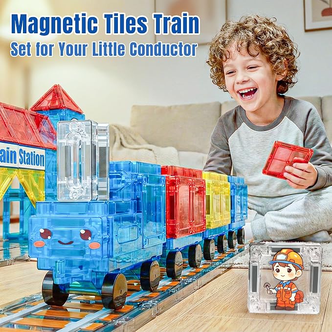 SKTMYY Magnetic Tiles Train Toys, Train Station for Kids Age 4-8 | Magnet Tiles Cars, Preschool Classroom Educations, STEM Learning Montessori Toys, Birthday Gifts for Boys Girls