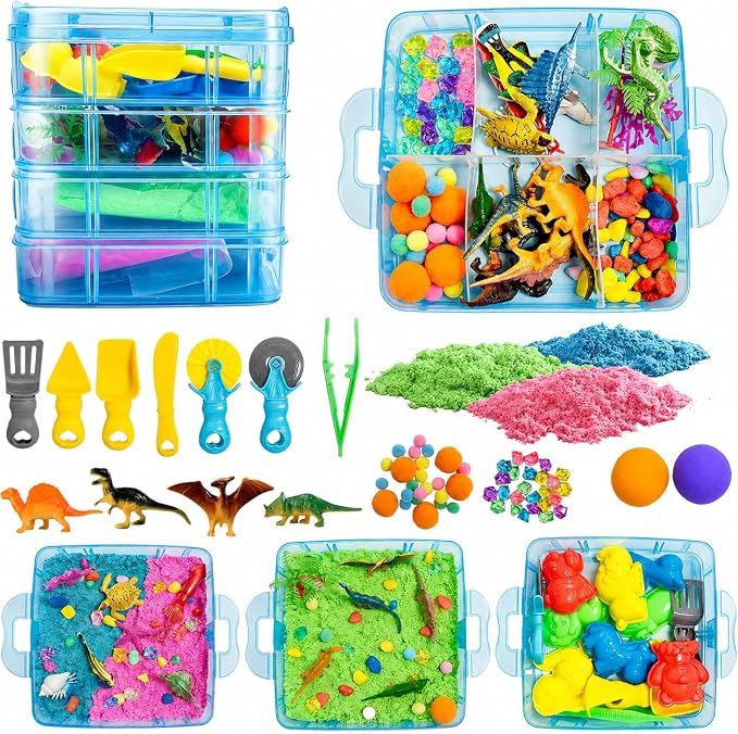 AGENTLAN Dino & Ocean Sensory Sensory Bin with Play Sand | Sensory toy set with dinosaur & ocean figures, supports fine motor skills, for toddlers ages 3+, stackable sandbox play