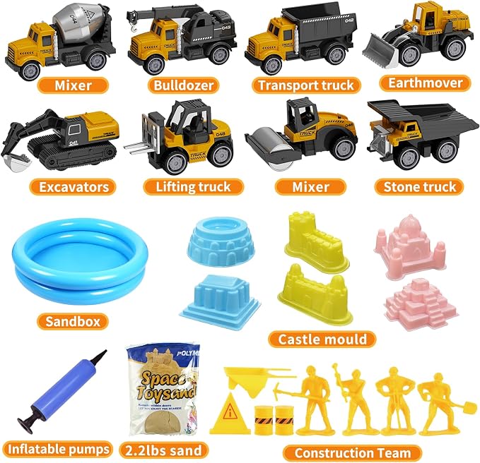 HONGTUO Play Construction Sand Kit, 2.2lbs Magic Sand, Inflatable Sandbox | 8 Alloy Construction Vehicles, 8 Worker Figures, Road Signs, 6 Castle Molds, Storage Box, Sensory Toys, Gift for Kids Ages 3+