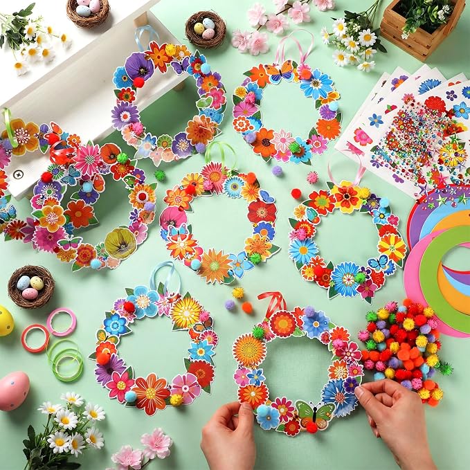 Hollowfly 48 Sets Flower Wreath Craft Kits DIY Wreath Seasonal Activities | Make Your Own Floral Decor, Paper Foam Circles with Stickers, Spring Summer Party Favors Seasonal Craft Activities for Kids