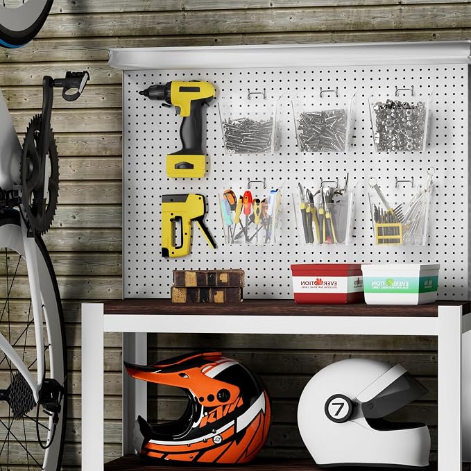 Clear Large Pegboard Cups, 6Pack Peg Board Square Storage Bins With Hooks | Big Open-Mouth Cups, 1/8" 1/4" Pegboard Organizer Accessories, Cup Holder for Craft Garage Workbench Office Tools Supplies