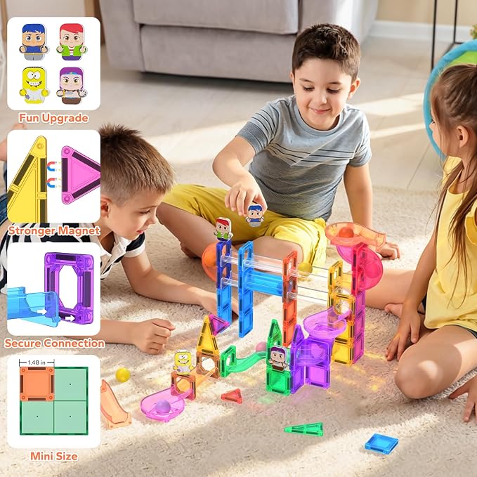 112 Pieces Mini Magnetic Tiles Building Toys for Kids Ages 4-8 Boys Girls | Zerxpho Magnetic Tiles with Rolling Balls and Cartoon Characters Imagination to Create a 3D World, STEM Learning Toys Gift