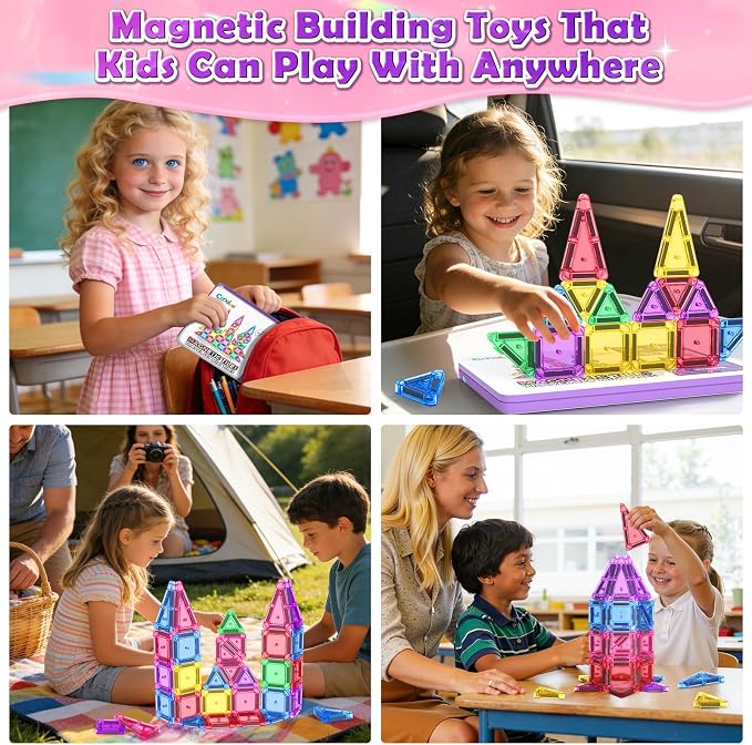Mini Magnetic Tiles Travel Toys, 40PCS Magnetic Blocks Building Kids Toy | Montessori Preschool Classroom Must Haves, STEM Sensory Outdoor Toys for Toddlers 3+ Year Old Girls Boys, Travel Essential
