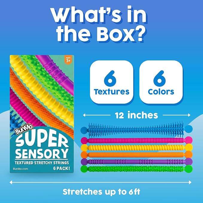 BUNMO Stretchy Strings - Stimulating & Fun Fidget Toys for Kids - Hours of Fun - Non-Mouthable Toy 3+ - Super Sensory 6 Pack