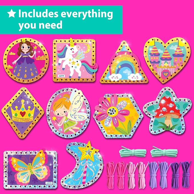 EZCRA Premium Lacing Cards for Kids Ages 3-6 | 10 Double-Sided Unicorn and Fairy Sewing Cards with Multilingual Learning | Durable Cardboard Fine Motor Skills Educational Activity