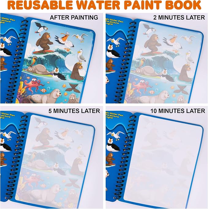 ArtCreativity 4 Pack Magic Water Coloring Books for Toddlers, Reusable Magic Water Pen Coloring Books for Kids - Mess Free Water Art Book for Toddlers - Travel Activity Toys, No-Mess Coloring