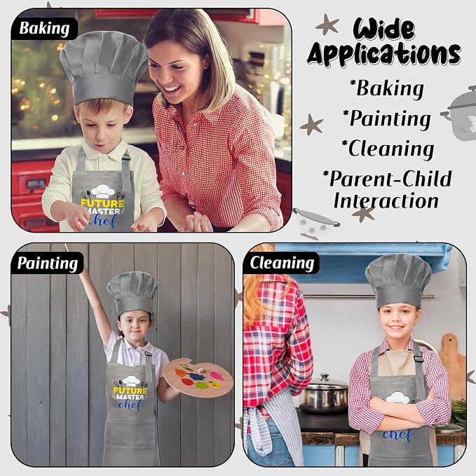 R HORSE 2 Pieces Kid Apron and Chef Hat Set, Dress up Role Play Chef Toy | Gray Future Master Chef Adjustable Children Kitchen Apron Set, Ideal for Cooking, Baking, Painting, Cooking Birthday Gift