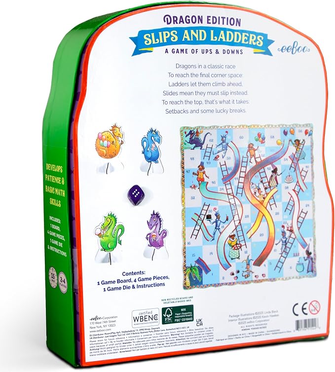 eeBoo Slips & Ladders Dragon Edition - Award Winning Classic Race Game with Holographic Foil, Screen-Free Fun for 2-4 Players, Kids Ages 5 and up