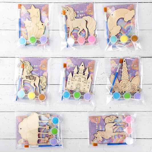 Saypacck 24 Pcs Rainbow Unicorn Party Favors Wooden Paint Craft Kits | Rainbow Designs with Paints, Packaged for Goodie Bag Fillers, Fun Craft Activity, Thank You Gifts and Decorations