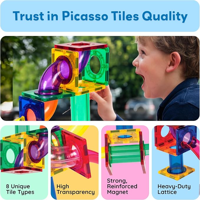 PicassoTiles 50 Piece Magnetic Marble Run Toy STEM Educational Building Set | BPA-free plastic construction, age 3+ coordination tracking, Fine Motor Skills & Spatial Reasonings, creative pretend play
