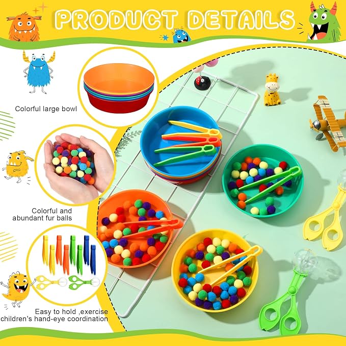 Zhanmai 142 Pcs Fine Motor Skills Toys Handy Scooper Set Sensory Bin Filler 12 Sorting Bowls 8 Tweezers 2 Scissors Clips 120 Plush Balls for Early Education and Sorting Counting Training Development