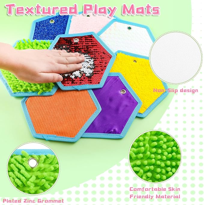 Boao 8 Set Mini Sensory Mats Assorted Textured Play Mats Sensory Floor Tiles Educational Tactile Toys for Activity(7.1 Inch,Hexagon)