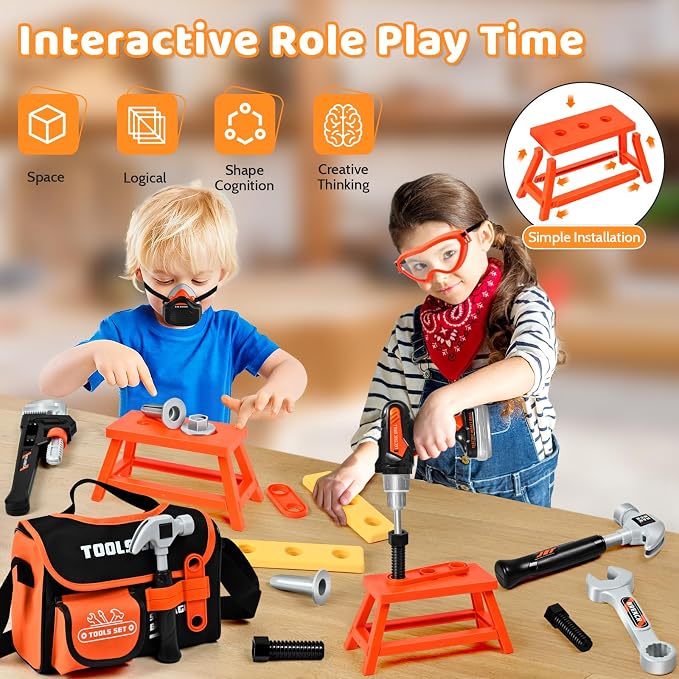 Kids Tool Set 49 PCS, Portable Tool Bag with Battery Powered Toy Drill & Adjustable Belt, Pretend Play Toddler Tool Set, Construction Toys for Boys & Girls Age 3-8, STEM Gifts