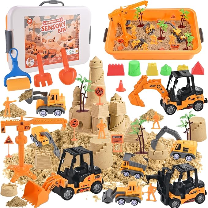 Faburo 34Pcs Sand Construction Site Kit Sensory Bin Toy for Toddler | 8 Vehicles, 6 Castle Molds, 5 Road Signs, 4 Worker Figures, 2.2lbs Sand, Sand Toy Birthday Gift for Kids Boy Age 3 4 5