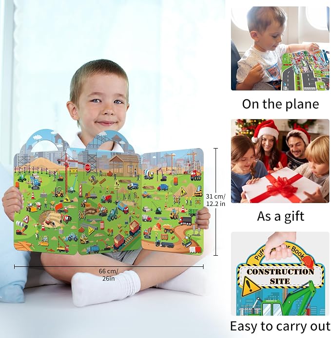 Elfew 2 Pack Puffy Vehicle Sticker Books for Toddlers Ages 2-4 3-5 | Extra-Large Tri-Fold Sticker Book, Construction Truck and Car Theme, Over 100+ Stickers, 3D Reusable, Activity Gifts for Boy