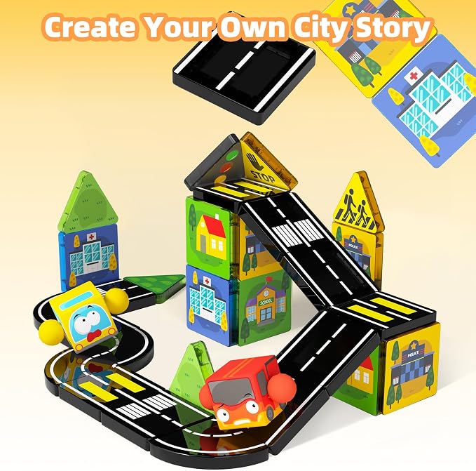 GobiDex Mini Magnetic Tiles Road Set with 2 Cars for Kids Ages 3+ | Travel Magnetic Building Blocks, STEM Educational Sensory Preschool Toys, Birthday Gifts for Boys & Girls Toys Age 4-6 6-8