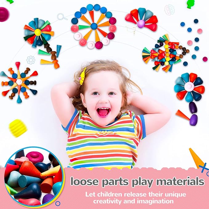 Chivao Loose Parts Play Materials Set, Wooden Mandala Toys Kit(81 Pcs) | Wood Sensory Play Toys, 27 Rainbow Colors, 7 Shapes Loose Parts, Teens, Students, Early Learning Materials