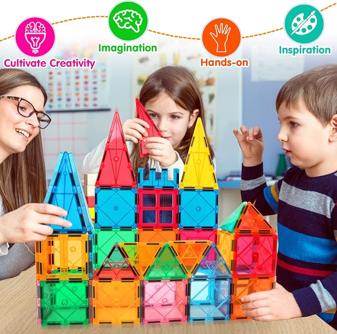 Mruikeny Magnetic Tiles Building Blocks for 3 4 5 6 7 8+ Years Old Boys Girls Colorful Magnet Stacking Toys Birthday Gift for Toddlers STEM Preschool Educational Construction Tiles Set | Colorful Magnet Stacking Toys Birthday Gift for Toddlers STEM Pre...