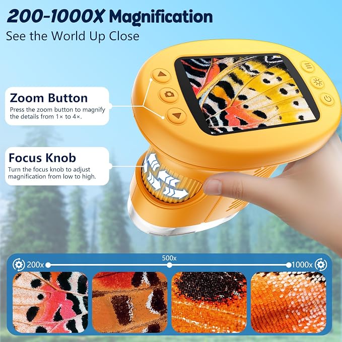 Odatay 4K 1000X Digital Microscope for Kids with 32G Card, Long Distance Viewing & 2.4" Screen Portable Handheld Edu Toys for Age 3-12 Exploring Bugs Plants at Home Classroom & Outdoor Travel, Yellow
