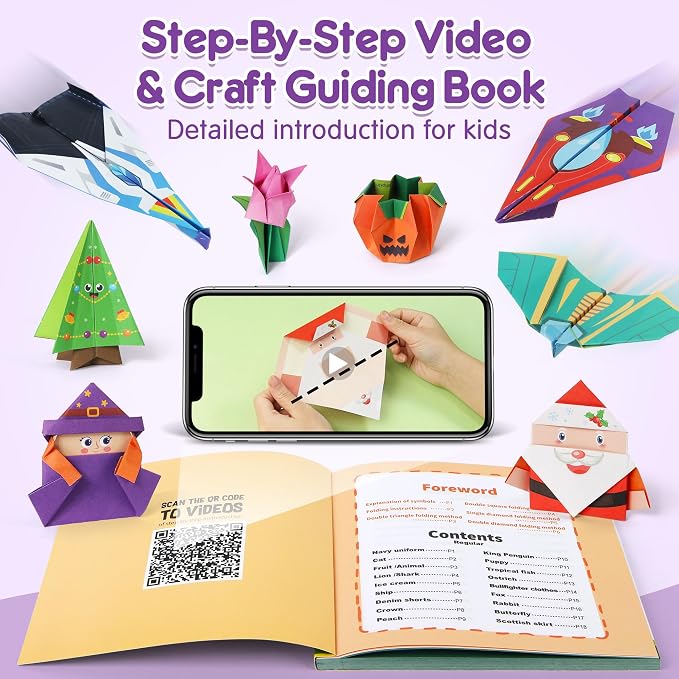 Mocoosy 320 Sheets Origami Kit for Kids Ages 5-8 9-12, Folding Paper Set with Origami Book & Paper Airplane, DIY Art Craft Project for Boys Girls, Travel Game Airplane Car Road Trip Activity Toy Gift