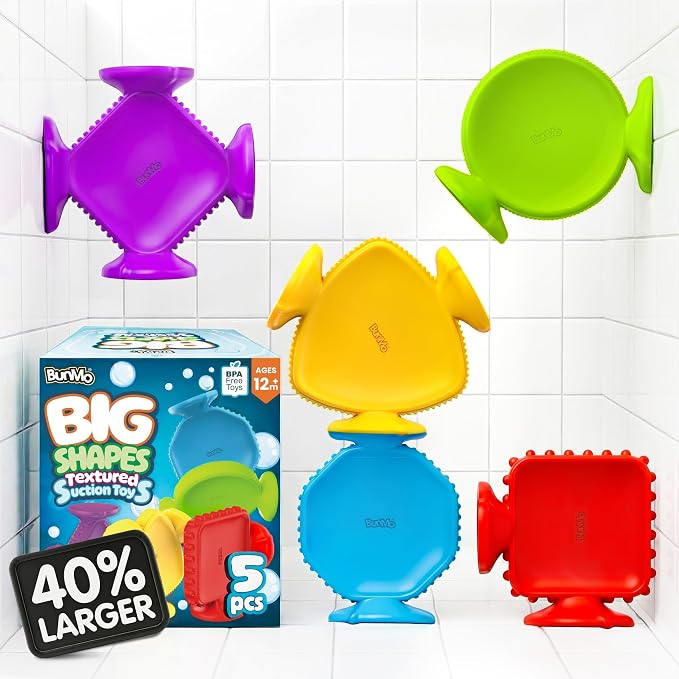 Bunmo Toddler Bath Toys - Best Montessori Toys for Kids Ages 1 2 3 4 Year Old Boys & Girls Gifts, Best Sensory Toy for Babies 12 Months +, No Hole Bath Toy for Kids Ages 1-3 & 2-4 (Big Shapes 5 Pack)