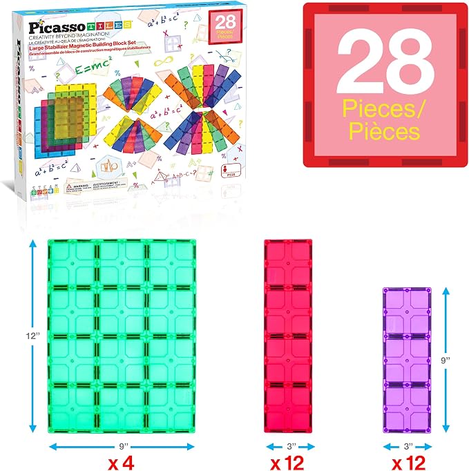 PicassoTiles 28 Piece Large Magnetic Tiles, Stabilizer STEM Set for Kids 3+ | Doubles as foundation, column, pillar support, extra strong magnets, vivid clear colors, safe creative preschool play time