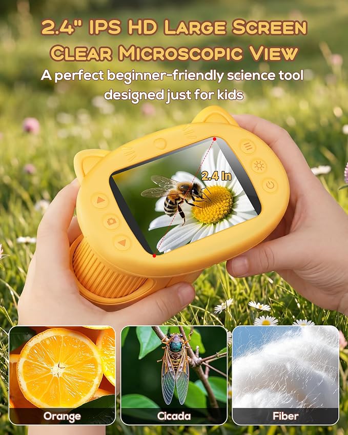 1000X Digital Microscope for Kids Handheld, 4K 2.4" IPS Screen Portable Mini Pocket Microscope 2MP Camera, STEM Educational Toy Birthday for Boys Girls Ages 3-6 6-12,Yellow