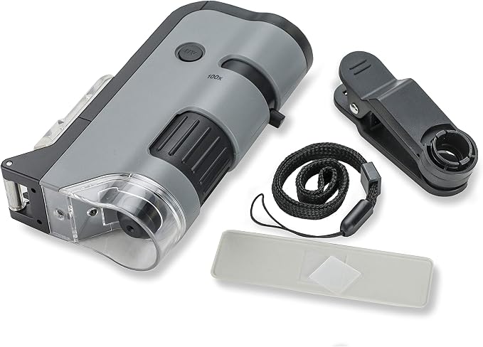 Carson MicroFlip 100x-250x LED and UV Lighted Pocket Microscope with Flip Down Slide Base and Adapter with CarsonCam Phone App - Bundle Included with 24 Prepared Insect and Animal Slides (MP-250BUN) | STEM Handheld Microscope Kit with Included Smartpho...