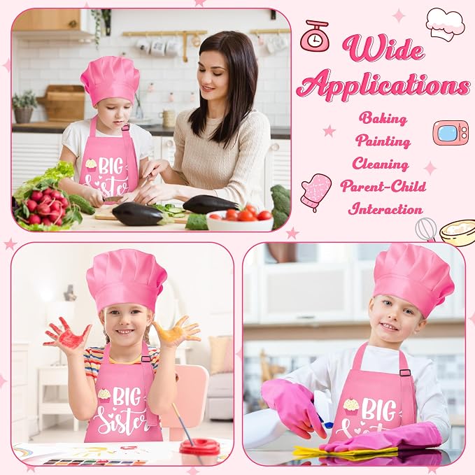 R HORSE Kids Apron and Chef Hat Set - 2Pcs Pink Big Sister Adjustable Children Kitchen Apron, Dress up Role Play Chef Toy Cooking Baking Painting and Training Kit for Girls Funny Cooking Birthday Gift