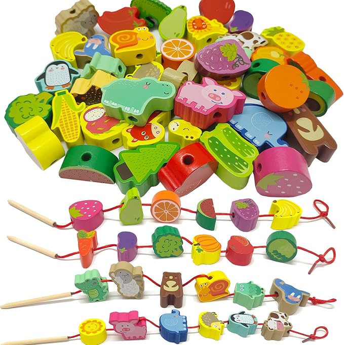 46 PCS Wooden Lacing Beads,Animals Fruits Threading Toys | Preschool Learning Lacing Toys,Montessori Educational Stringing Threading Beads Toys for Kids 3 4 5 6 Year Old Boys Girls