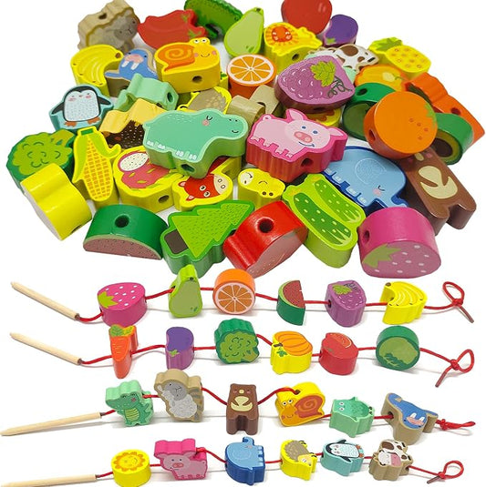 46 PCS Wooden Lacing Beads,Animals Fruits Threading Toys | Preschool Learning Lacing Toys,Montessori Educational Stringing Threading Beads Toys for Kids 3 4 5 6 Year Old Boys Girls