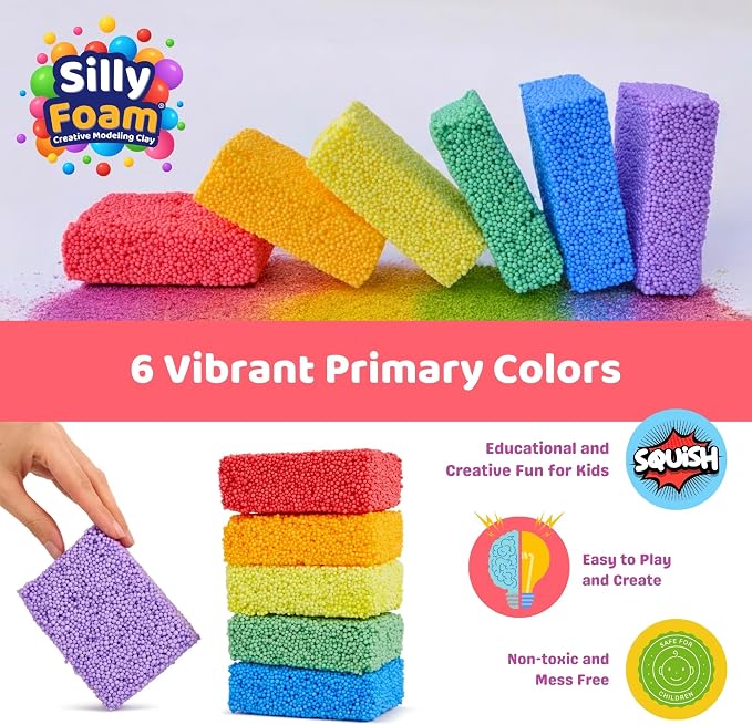 Silly Foam, Creative Modeling Foam Beads, 2-Pack of 6 Primary Colors, Easy Clean Up, Perfect for Preschool and Kids, Arts & Crafts, Sensory Play, STEM, Travel Toy, Holiday Gifts, Non-Toxic (Age 3+)
