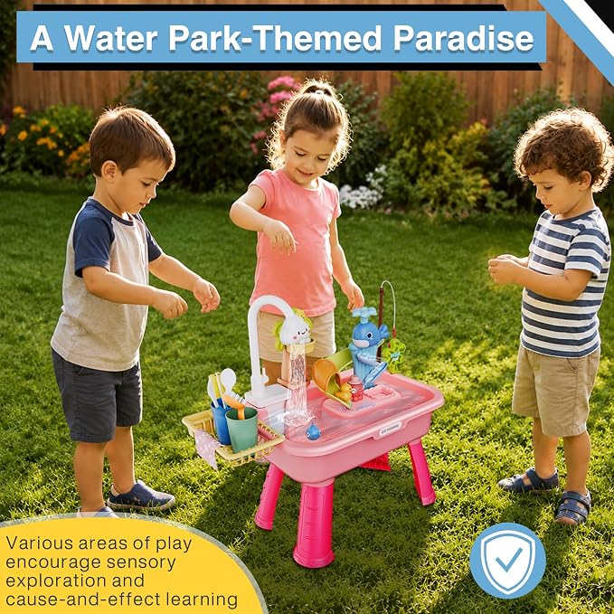 2026 Upgraded Water Table for Toddlers 1-3, Kids Mini Play Sink Toys with Running Water & Electric Pump, Kitchen Sink Sensory Toy, Fishing Game Outdoor Water Play Table for Kids Ages 4-8, Pink