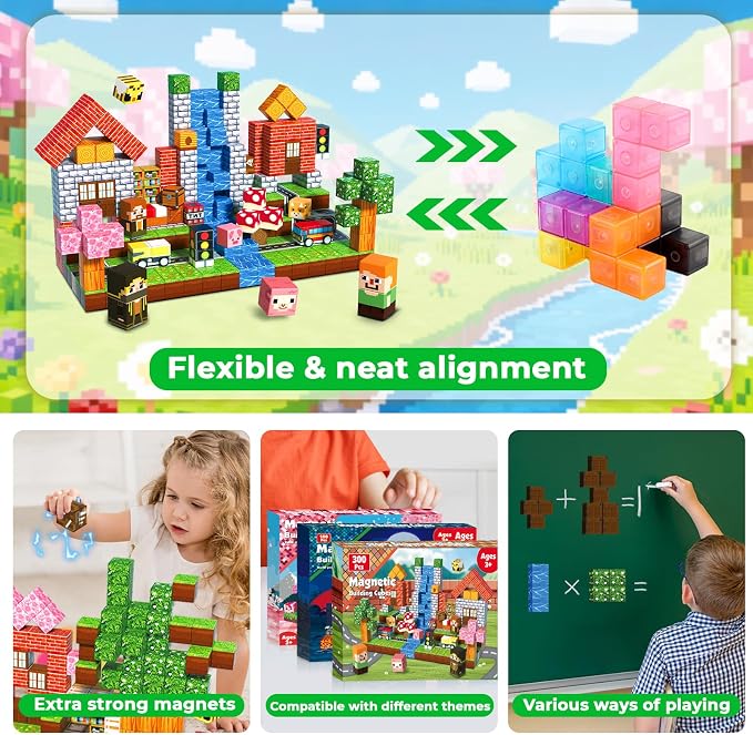 Annexfun Magnetic Blocks - 300PCS Magnetic Building Blocks Road Forest Magnetic Cubes - Sensory Toys for Montessori Toddler Birthday Gifts -STEM Construction Toys for Kids Ages 3+ for Boy & Girl