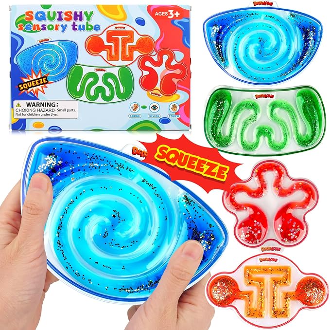 Squishy Sensory Toys for Kids: 4 Pack Fidget Sensory Maze for Autism | Stress Relief Toys for Calm Down, Squeeze Fidget Toy Filled Goo, Glitter, Prizes for Kids Classroom, Goodie Bags Stuffers