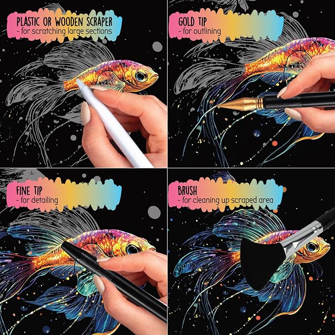 Scratch Art Book for Adults - Animal Series, 10 Rainbow Art and Crafts for Adults | Adult scratch art & foil art for adults kit | stress relief scratch painting, screen-free travel craft | scratch art adult