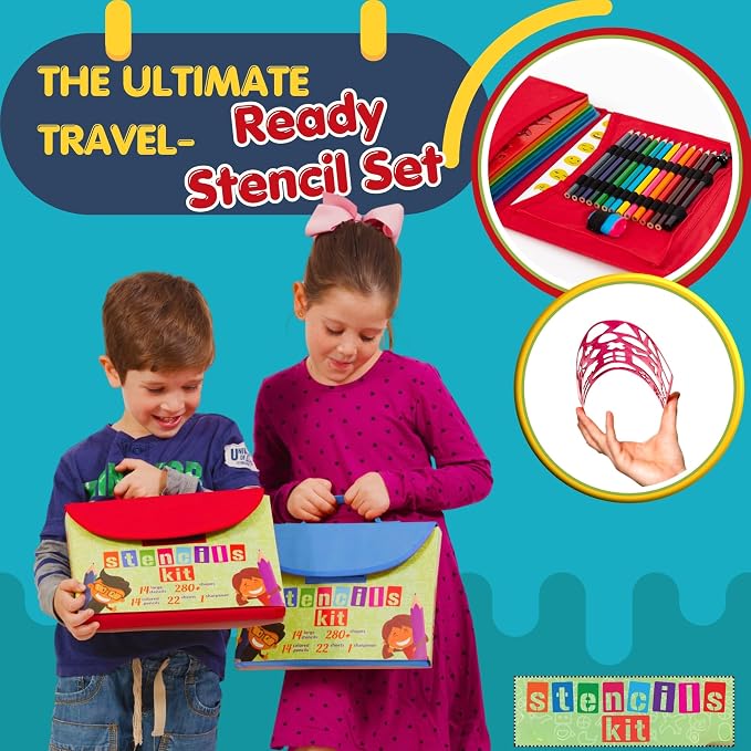 Drawing Stencils for Kids Kit & Carry Case – – Child-Safe, Non-Toxic Stencil Set with 300 Shapes, Colored Pencils, Paper, Etc. – Birthday Gifts & Travel Art Supplies for Creativity, Learning and Fun