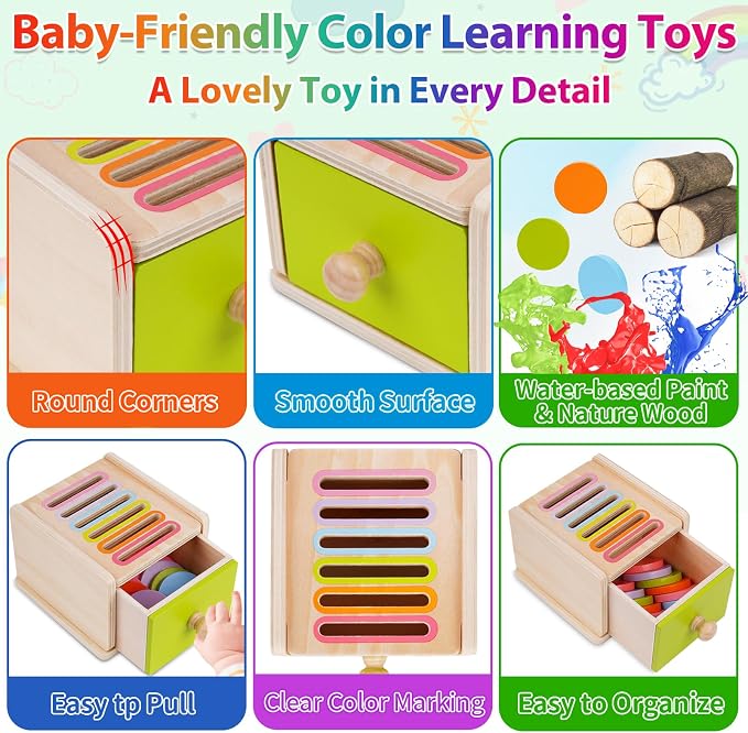 FCSONU Toddlers Montessori Coin Box Toys for 1 2 3 Year Old Boys Girls Baby | Wooden Baby Toys|Fine Motor Skills Toys, Kids Learning Color Sorting & Stacking Sensory Toys, Easter Christmas Birthday Gifts