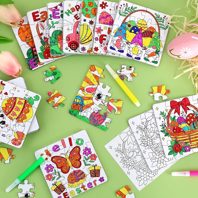 24 Pcs Easter Crafts Puzzle for Kids Ages 4-8, Easter Activities Arts DIY Jigsaw with Egg Bunny Basket Flower, Spring April Craft for Party Favors Gifts Christian Classroom Coloring Games Toy Bulk