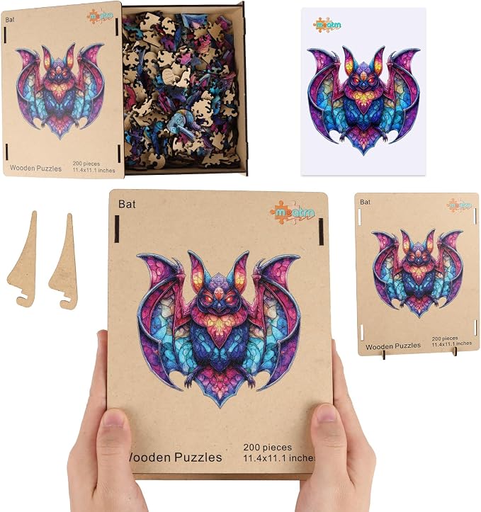 MEATRN Wooden Puzzles for Kids, Stained Glass Bat Wood Puzzles Adult, 198 Pcs