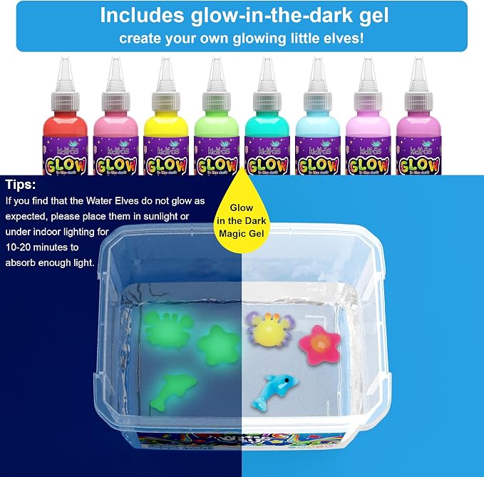 Kiditos Glow-in-the-Dark Magic Water Elf Toy Kit for Kids, DIY Craft Kit | 8 Gels & 10 Molds, Magic Aqua Fairy Water Gel Kit, STEM Science Activity, Party Favors & Birthday Gifts for Kids Ages 3+