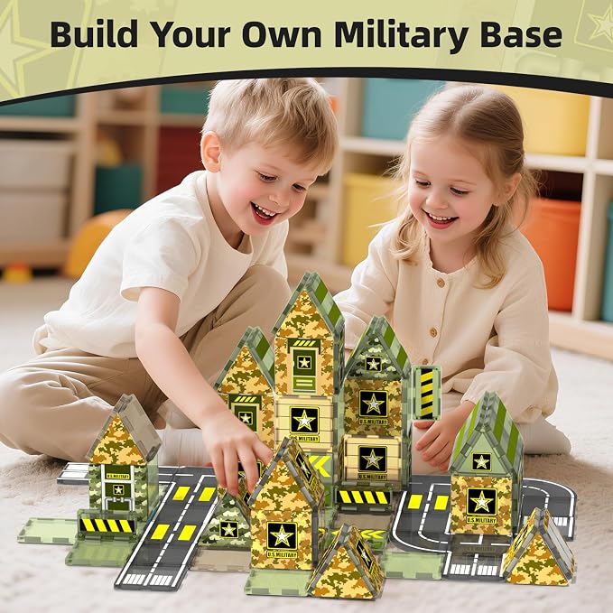GobiDex Army Toys Magnetic Tiles Building Blocks Set for Kids Ages 3+ | STEM Magnet Military Toys for Kids Ages 3-5 4-8, Army Men Military Base Building Play, Educational Birthday Gifts for Boys