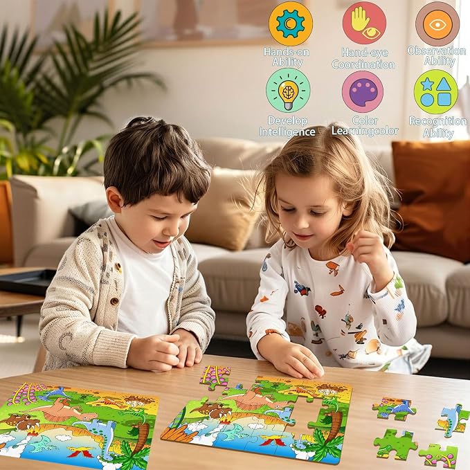Wooden Puzzles Dinosaur Toys for Kids Ages 4-6, 4 Packs 24 Piece | Wooden Jigsaw Puzzles, Preschool Educational Learning Toys Gifts for 3 4 5 6 Year Old Boys and Girls