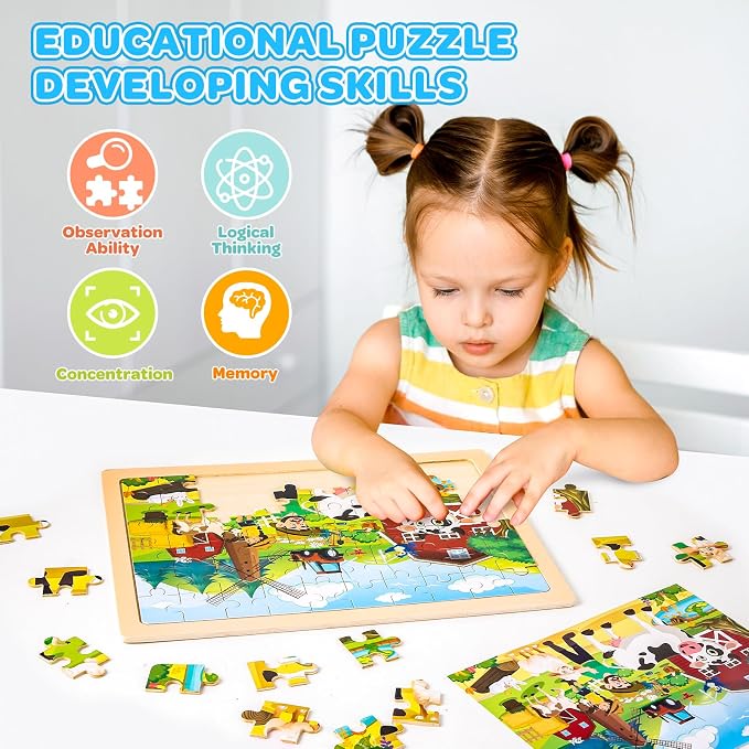 6-Pack Wooden Puzzles for Kids Ages 3-5, 60-Piece Animals Jigsaw Set | Toddler Puzzles Ages 3-5, Preschool Puzzles with Wooden Jigsaw Boards for Fine Motor Skills, Shape Recognition and Travel