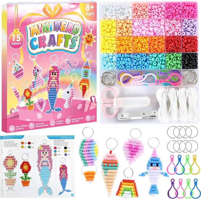Funtopia Pony Beads Kit for Keychain Making, Mini Pony Bead Pets for Kids | Includes Instructions for 15 Cute Designs and Storage Box, Beginners Kids Craft Kit for Rainy Day Group and Family Activities